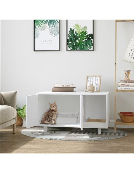PawHut Wooden Cat Litter Box Enclosure & House with Nightstand/End Table Design, Scratcher, & Magnetic Doors, White - pic 148458 | FastDaddyshop