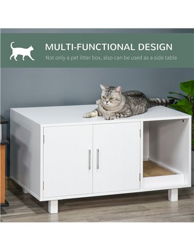 PawHut Wooden Cat Litter Box Enclosure & House with Nightstand/End Table Design, Scratcher, & Magnetic Doors, White