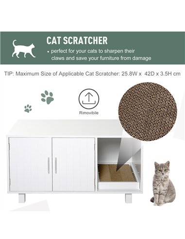 PawHut Wooden Cat Litter Box Enclosure & House with Nightstand/End Table Design, Scratcher, & Magnetic Doors, White
