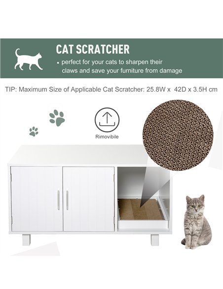 PawHut Wooden Cat Litter Box Enclosure & House with Nightstand/End Table Design, Scratcher, & Magnetic Doors, White - pic 148461 | FastDaddyshop