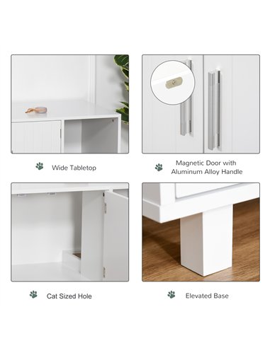 PawHut Wooden Cat Litter Box Enclosure & House with Nightstand/End Table Design, Scratcher, & Magnetic Doors, White