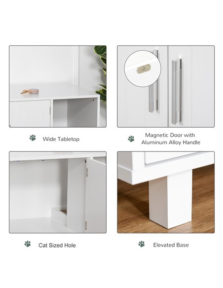 PawHut Wooden Cat Litter Box Enclosure & House with Nightstand/End Table Design, Scratcher, & Magnetic Doors, White - pic 148462 | FastDaddyshop
