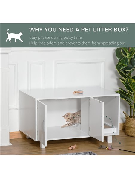 PawHut Wooden Cat Litter Box Enclosure & House with Nightstand/End Table Design, Scratcher, & Magnetic Doors, White - pic 148463 | FastDaddyshop