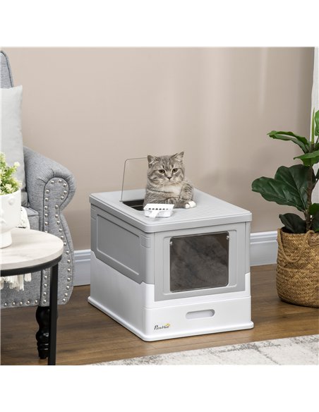 PawHut Hooded Cat Litter Box, Portable Pet Toilet, with Scoop, Front Entry - Grey - pic 148476 | FastDaddyshop
