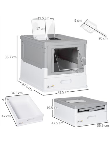 PawHut Hooded Cat Litter Box, Portable Pet Toilet, with Scoop, Front Entry - Grey