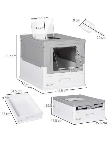 PawHut Hooded Cat Litter Box, Portable Pet Toilet, with Scoop, Front Entry - Grey - pic 148477 | FastDaddyshop