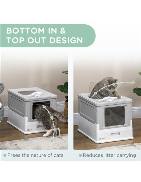 PawHut Hooded Cat Litter Box, Portable Pet Toilet, with Scoop, Front Entry - Grey - pic 148479 | FastDaddyshop