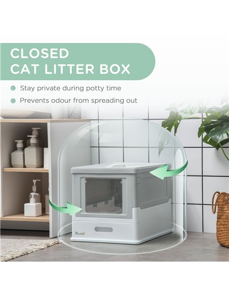 PawHut Hooded Cat Litter Box, Portable Pet Toilet, with Scoop, Front Entry - Grey - pic 148480 | FastDaddyshop