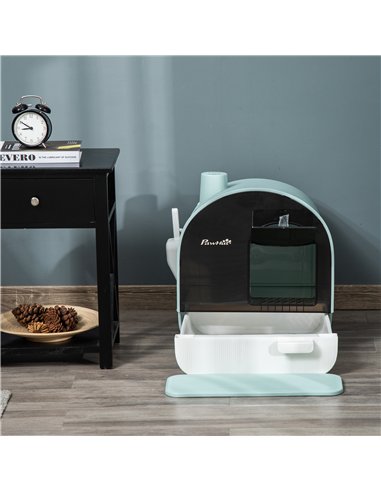 PawHut Hooded Cat Litter Box, Kitten Litter Tray, with Lid, Scoop, Filter, Flap Door