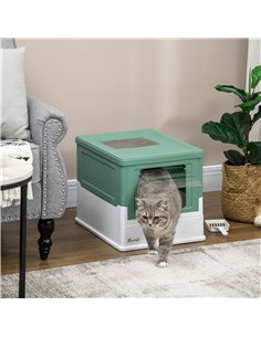 PawHut Hooded Cat Litter Box, Portable Pet Toilet, with Scoop, Front Entry - Green 2