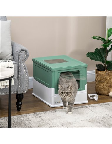 PawHut Hooded Cat Litter Box, Portable Pet Toilet, with Scoop, Front Entry - Green