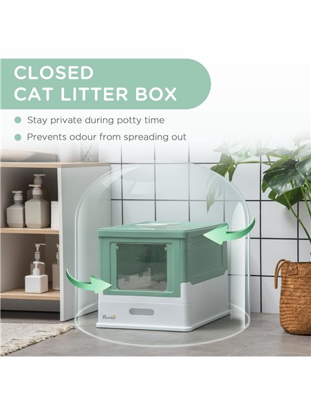PawHut Hooded Cat Litter Box, Portable Pet Toilet, with Scoop, Front Entry - Green - pic 148507 | FastDaddyshop
