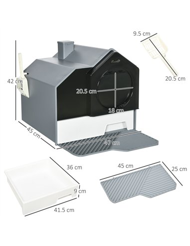PawHut Hooded Cat Litter Tray with Scoop, Cat Litter Box with Drawer Pan, Handle, Deodorants, Hut Design, Front Entrance, 47 x 4