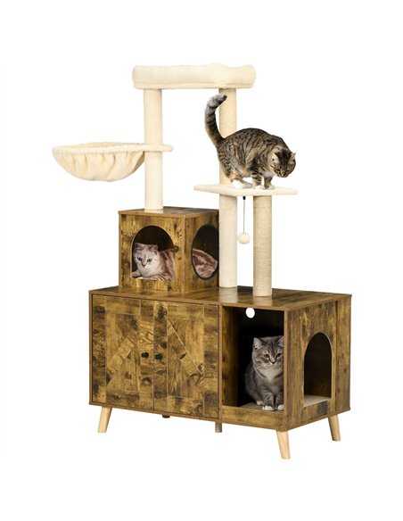 PawHut Cat Litter Box Enclosure, with Tree Tower, Cat House, Hammock, Cushion - Rustic Brown - pic 148520 | FastDaddyshop