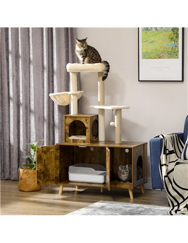 PawHut Cat Litter Box Enclosure, with Tree Tower, Cat House, Hammock, Cushion - Rustic Brown