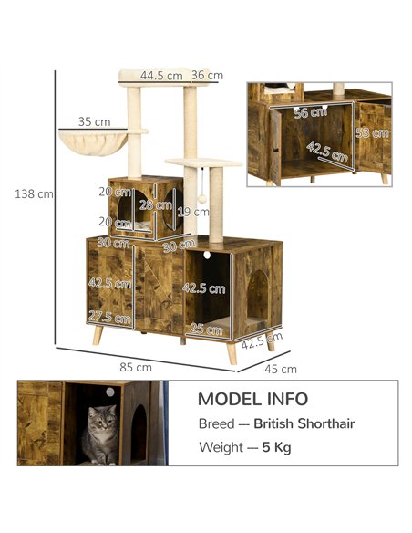 PawHut Cat Litter Box Enclosure, with Tree Tower, Cat House, Hammock, Cushion - Rustic Brown - pic 148522 | FastDaddyshop