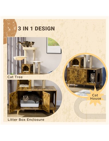 PawHut Cat Litter Box Enclosure, with Tree Tower, Cat House, Hammock, Cushion - Rustic Brown