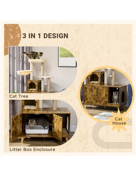 PawHut Cat Litter Box Enclosure, with Tree Tower, Cat House, Hammock, Cushion - Rustic Brown - pic 148523 | FastDaddyshop