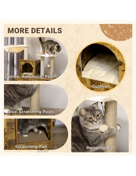 PawHut Cat Litter Box Enclosure, with Tree Tower, Cat House, Hammock, Cushion - Rustic Brown - pic 148524 | FastDaddyshop