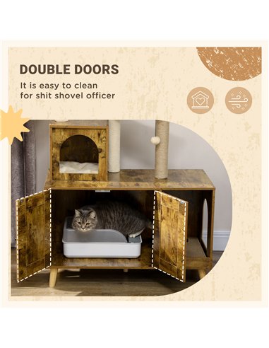 PawHut Cat Litter Box Enclosure, with Tree Tower, Cat House, Hammock, Cushion - Rustic Brown