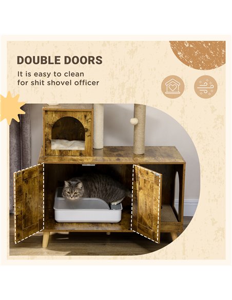PawHut Cat Litter Box Enclosure, with Tree Tower, Cat House, Hammock, Cushion - Rustic Brown - pic 148525 | FastDaddyshop