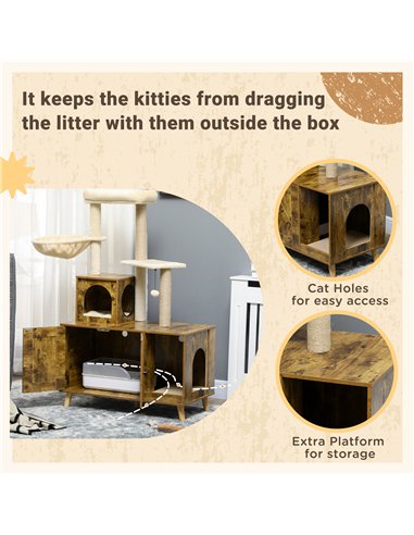 PawHut Cat Litter Box Enclosure, with Tree Tower, Cat House, Hammock, Cushion - Rustic Brown