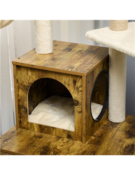 PawHut Cat Litter Box Enclosure, with Tree Tower, Cat House, Hammock, Cushion - Rustic Brown - pic 148528 | FastDaddyshop
