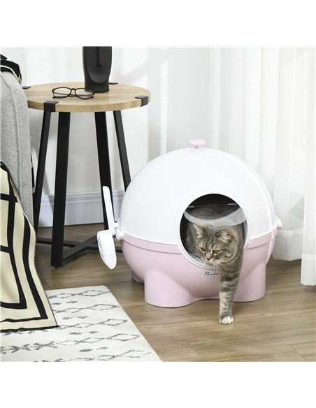 PawHut Large Cat Litter Box, with Scoop, Front Entrance, 53 x 51 x 48cm - Pink - pic 148553 | FastDaddyshop