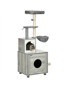 PawHut Enclosed Cat Litter Box with Cat House, Cat Bed, Scratching Posts, Platforms, for Indoor Cats - Grey