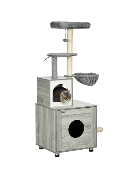 PawHut Enclosed Cat Litter Box with Cat House, Cat Bed, Scratching Posts, Platforms, for Indoor Cats - Grey - pic 148565 | FastDaddyshop