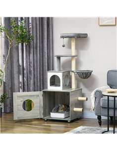 PawHut Enclosed Cat Litter Box with Cat House, Cat Bed, Scratching Posts, Platforms, for Indoor Cats - Grey 2