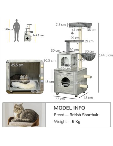 PawHut Enclosed Cat Litter Box with Cat House, Cat Bed, Scratching Posts, Platforms, for Indoor Cats - Grey