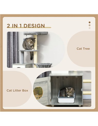 PawHut Enclosed Cat Litter Box with Cat House, Cat Bed, Scratching Posts, Platforms, for Indoor Cats - Grey