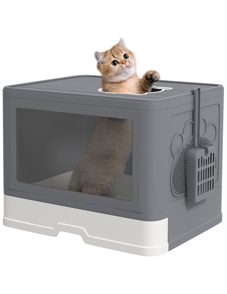 PawHut Enclosed Cat Litter Box with lid, Front Entry, Top Exit, Drawer, Tray, Scoop, Brush, 48.5 x 38 x 36.5cm - Grey - pic 148574 | FastDaddyshop