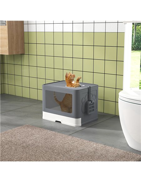 PawHut Enclosed Cat Litter Box with lid, Front Entry, Top Exit, Drawer, Tray, Scoop, Brush, 48.5 x 38 x 36.5cm - Grey - pic 148575 | FastDaddyshop