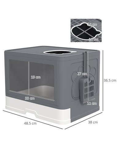 PawHut Enclosed Cat Litter Box with lid, Front Entry, Top Exit, Drawer, Tray, Scoop, Brush, 48.5 x 38 x 36.5cm - Grey