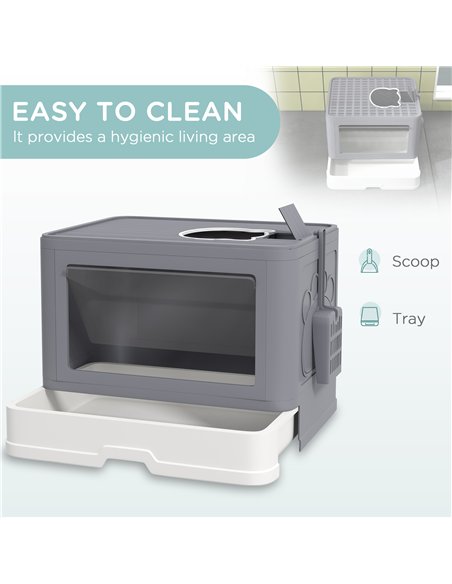 PawHut Enclosed Cat Litter Box with lid, Front Entry, Top Exit, Drawer, Tray, Scoop, Brush, 48.5 x 38 x 36.5cm - Grey - pic 148577 | FastDaddyshop