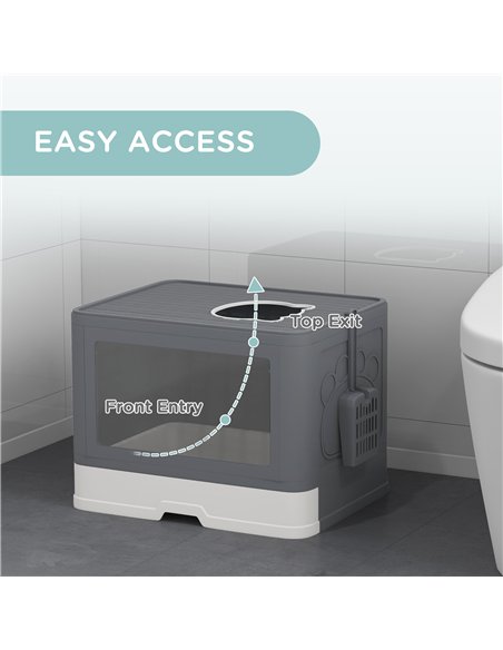 PawHut Enclosed Cat Litter Box with lid, Front Entry, Top Exit, Drawer, Tray, Scoop, Brush, 48.5 x 38 x 36.5cm - Grey - pic 148578 | FastDaddyshop