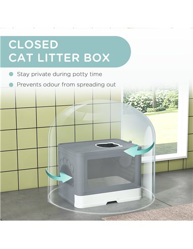 PawHut Enclosed Cat Litter Box with lid, Front Entry, Top Exit, Drawer, Tray, Scoop, Brush, 48.5 x 38 x 36.5cm - Grey