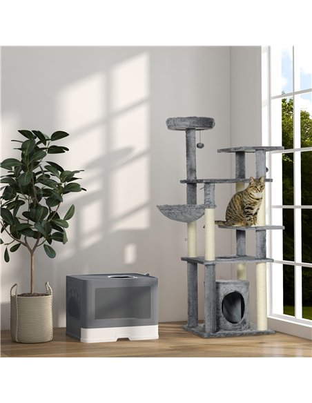 PawHut Enclosed Cat Litter Box with lid, Front Entry, Top Exit, Drawer, Tray, Scoop, Brush, 48.5 x 38 x 36.5cm - Grey - pic 148582 | FastDaddyshop