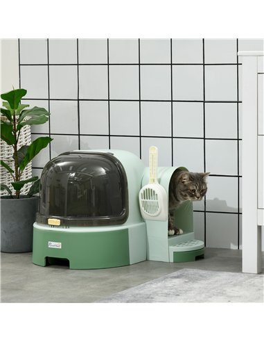 PawHut 2 in 1 Cat Litter Box, with Drawer Pans, Scoop, Openable Cover - Green