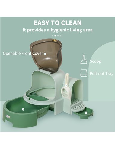 PawHut 2 in 1 Cat Litter Box, with Drawer Pans, Scoop, Openable Cover - Green