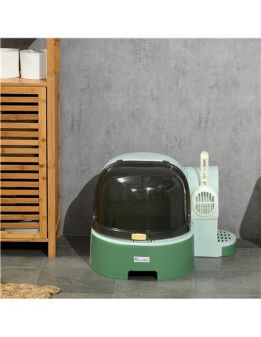 PawHut 2 in 1 Cat Litter Box, with Drawer Pans, Scoop, Openable Cover - Green