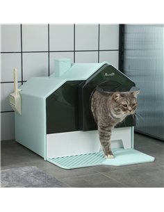 PawHut Hooded Cat Litter Tray w/ Scoop Light Blue 2