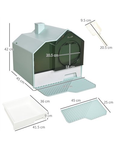 PawHut Hooded Cat Litter Tray w/ Scoop Light Blue