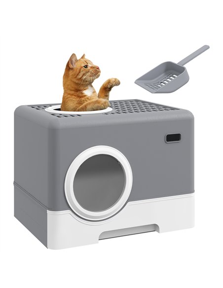 PawHut Enclosed Cat Litter Box, with Lid, Front Entry, Top Exit, Pull-Out Tray, Scoop - Grey - pic 148601 | FastDaddyshop