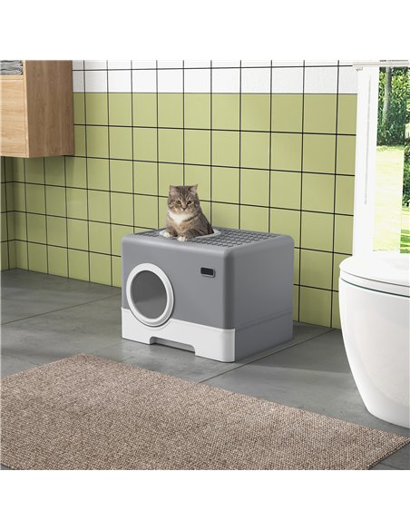 PawHut Enclosed Cat Litter Box, with Lid, Front Entry, Top Exit, Pull-Out Tray, Scoop - Grey - pic 148602 | FastDaddyshop