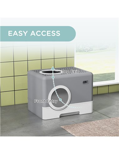 PawHut Enclosed Cat Litter Box, with Lid, Front Entry, Top Exit, Pull-Out Tray, Scoop - Grey