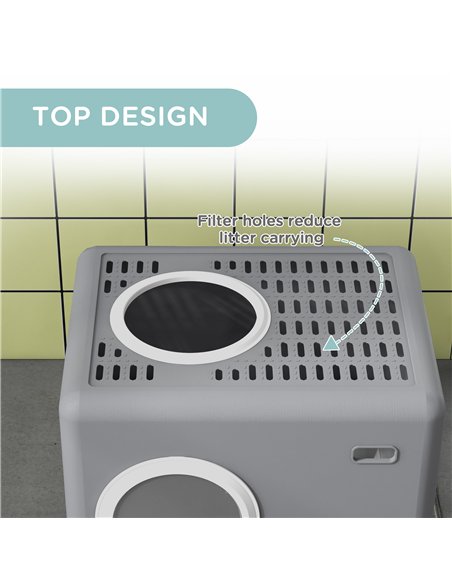 PawHut Enclosed Cat Litter Box, with Lid, Front Entry, Top Exit, Pull-Out Tray, Scoop - Grey - pic 148606 | FastDaddyshop