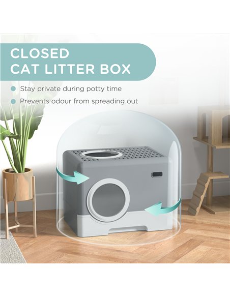 PawHut Enclosed Cat Litter Box, with Lid, Front Entry, Top Exit, Pull-Out Tray, Scoop - Grey - pic 148607 | FastDaddyshop